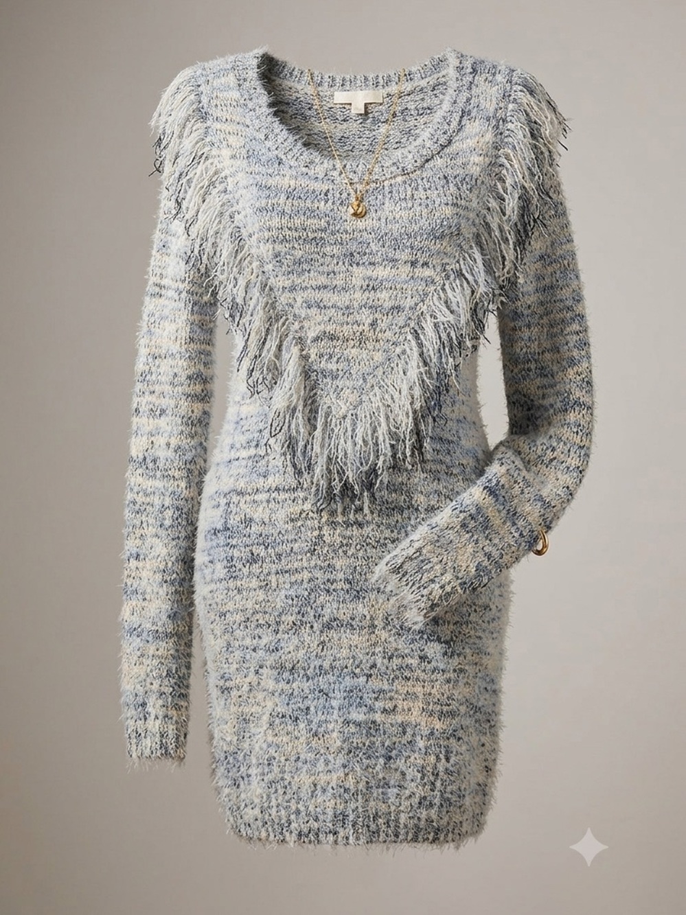 Gianni Bini Space Dye Fringe Eyelash Fuzzy Knit Sweater Dress Tunic L Blue Grey - Picture 10 of 10